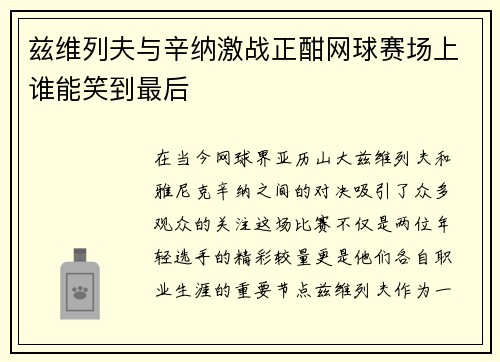 兹维列夫与辛纳激战正酣网球赛场上谁能笑到最后