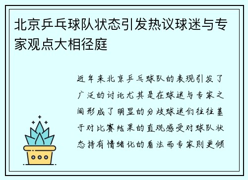 北京乒乓球队状态引发热议球迷与专家观点大相径庭
