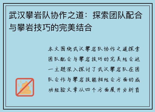 武汉攀岩队协作之道：探索团队配合与攀岩技巧的完美结合