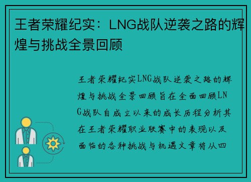 王者荣耀纪实：LNG战队逆袭之路的辉煌与挑战全景回顾