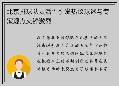北京排球队灵活性引发热议球迷与专家观点交锋激烈