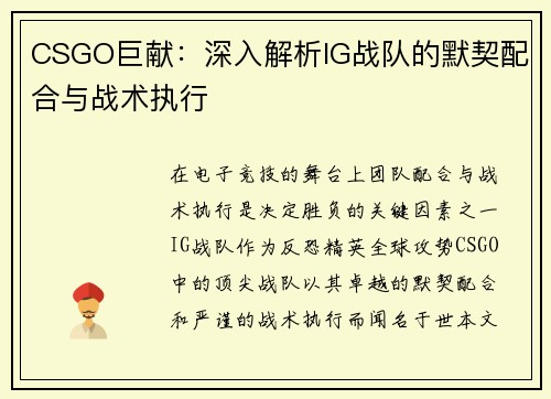 CSGO巨献：深入解析IG战队的默契配合与战术执行