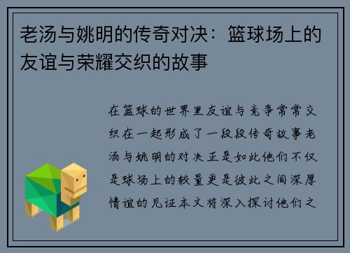 老汤与姚明的传奇对决：篮球场上的友谊与荣耀交织的故事