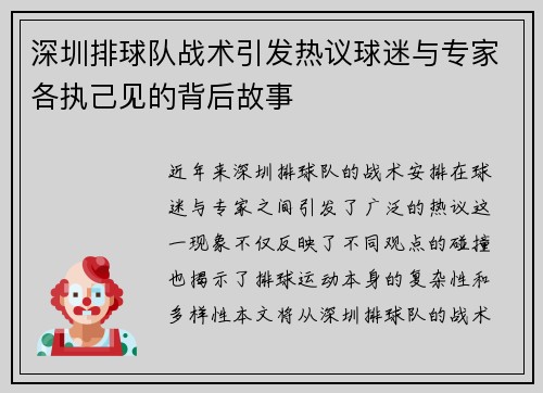 深圳排球队战术引发热议球迷与专家各执己见的背后故事