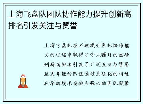 上海飞盘队团队协作能力提升创新高排名引发关注与赞誉